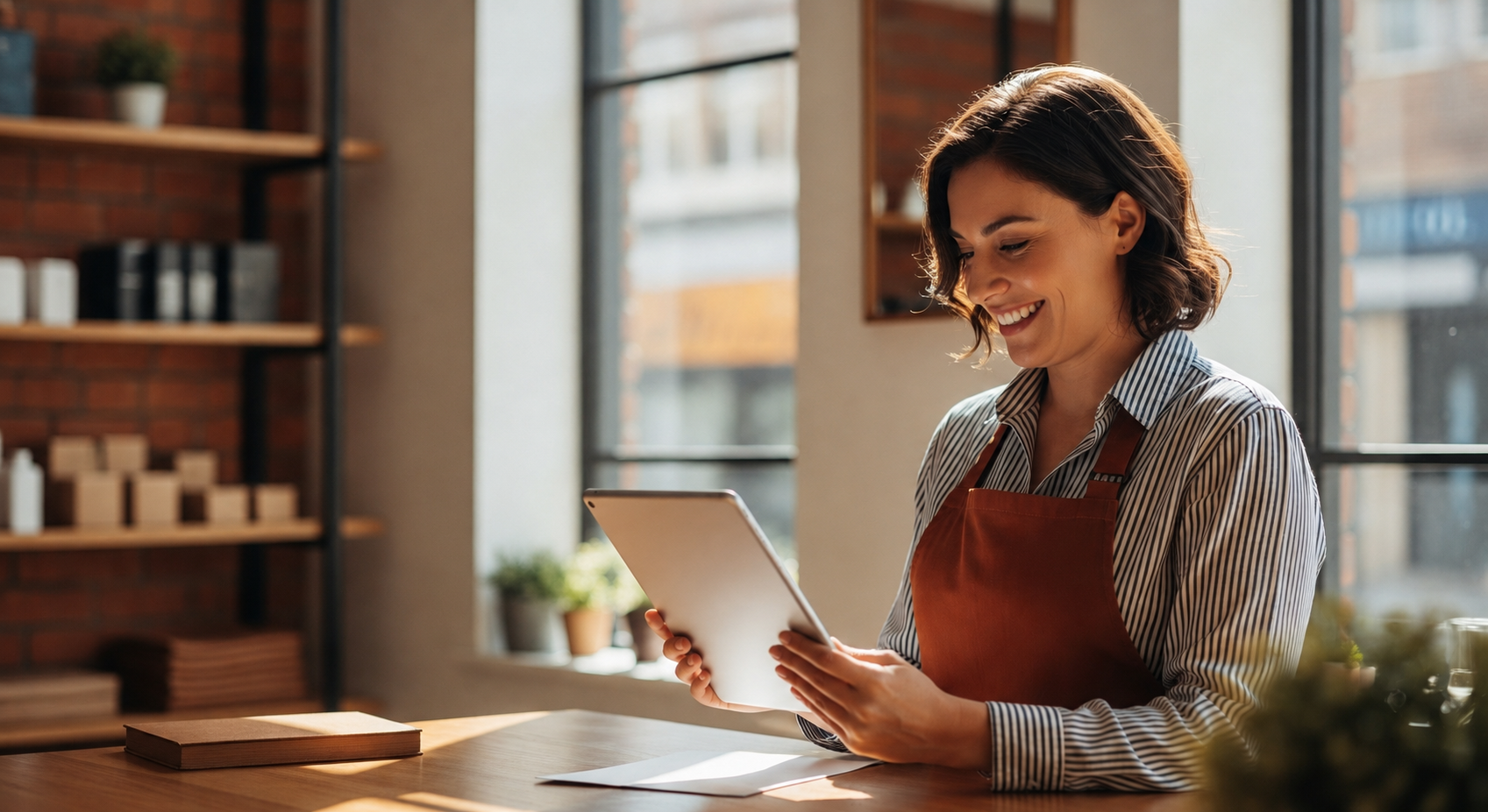 Business owner reviewing funding on tablet